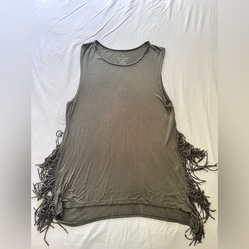 American Eagle Outfitters Olive Fringe Tank Top